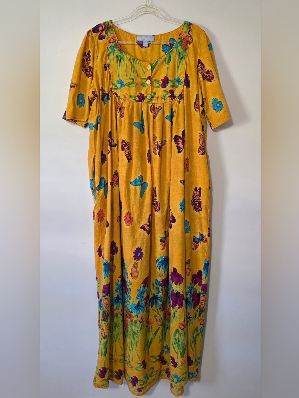 Only Necessities Bib Front Maxi Lounge Dress Muumuu Butterfly Cotton Large